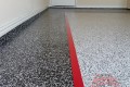 142 Garage Floor Epoxy Flake Concrete Coating Rockwall DeLeon GC-02 GrayStone Border Red Stripe 01