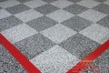 290 Garage Floor Epoxy Flake Concrete Coating Coppell Pelaez GC-02 GrayStone Border Red Stripe Checkerboard 04