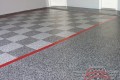 290 Garage Floor Epoxy Flake Concrete Coating Coppell Pelaez GC-02 GrayStone Border Red Stripe Checkerboard 06